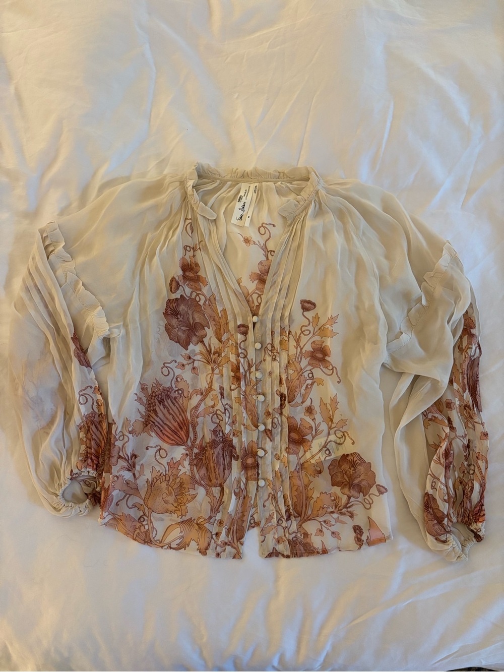 Anthropologie Cream Sheer Blouse with Rust Floral Motif